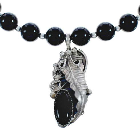 Native American Onyx And Sterling Silver Pendant Bead Necklace JX125435